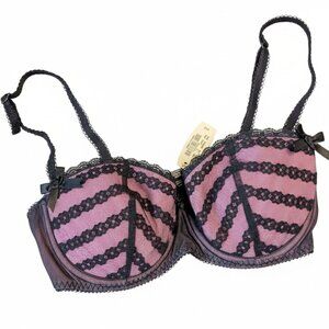 Victoria's Secret 34C Pink Black Lace Bow Balconette Bra NWT